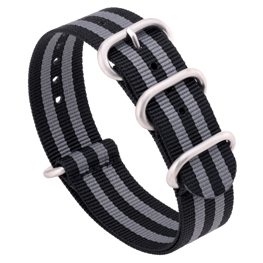 Black and gray striped watch strap with silver buckle on a white background #color_black-and-grey-regimental-striped