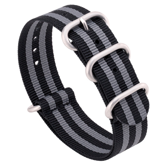 Black and gray striped watch strap with silver buckle on a white background #color_black-and-grey-regimental-striped