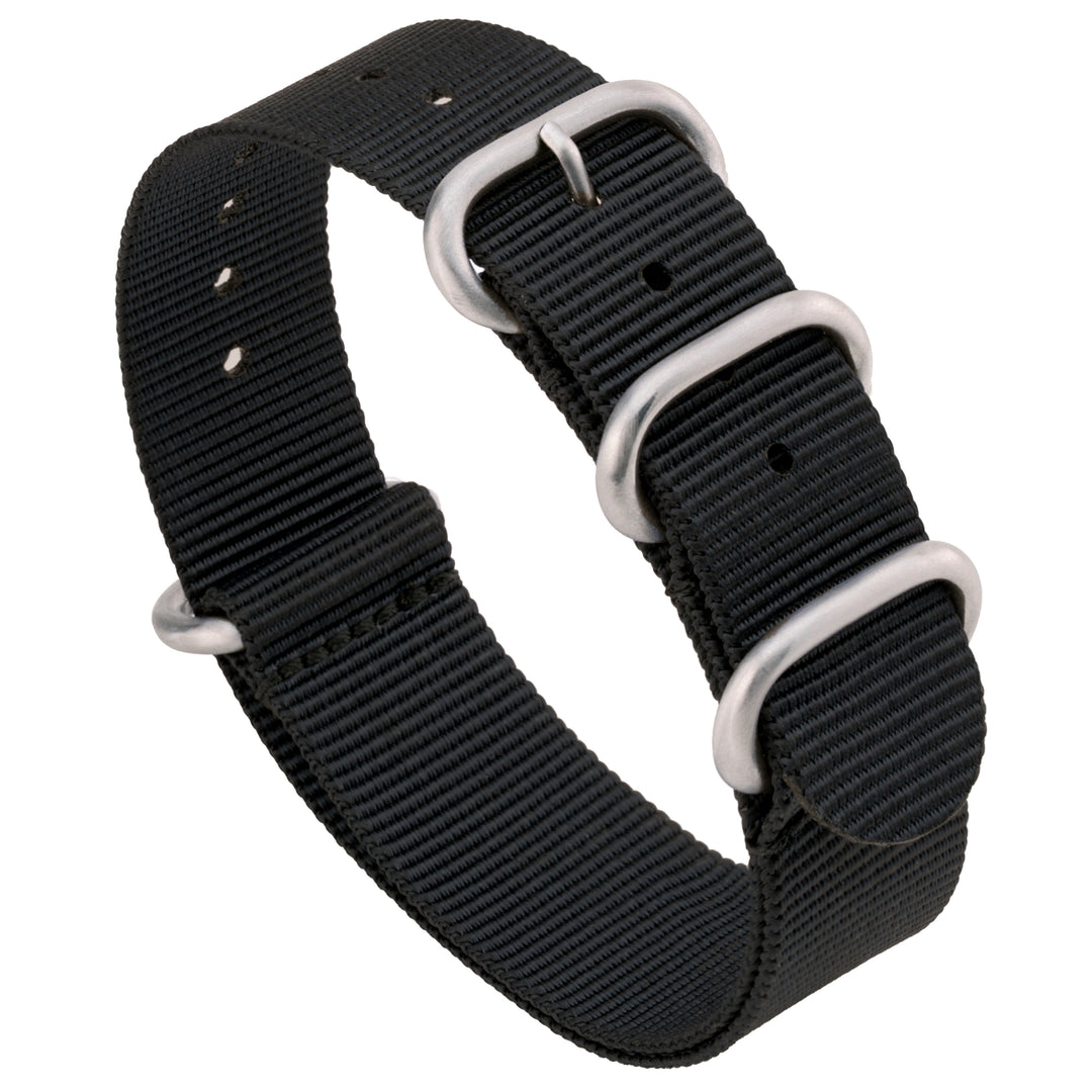 Black watch strap with silver hardware on a white background #color_black