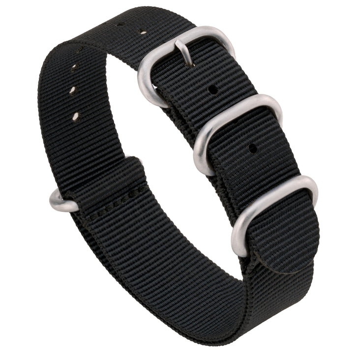 Black watch strap with silver hardware on a white background #color_black
