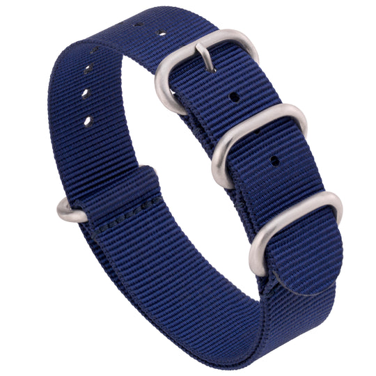 Blue watch strap with silver hardware on a white background #color_navy-blue