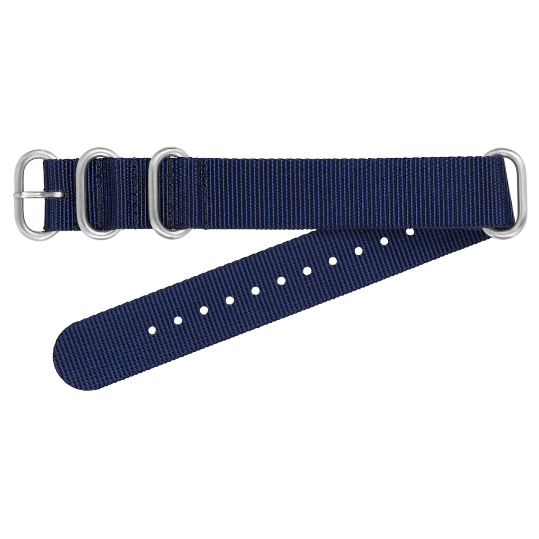 Navy blue watch strap with silver hardware on a white background #color_navy-blue