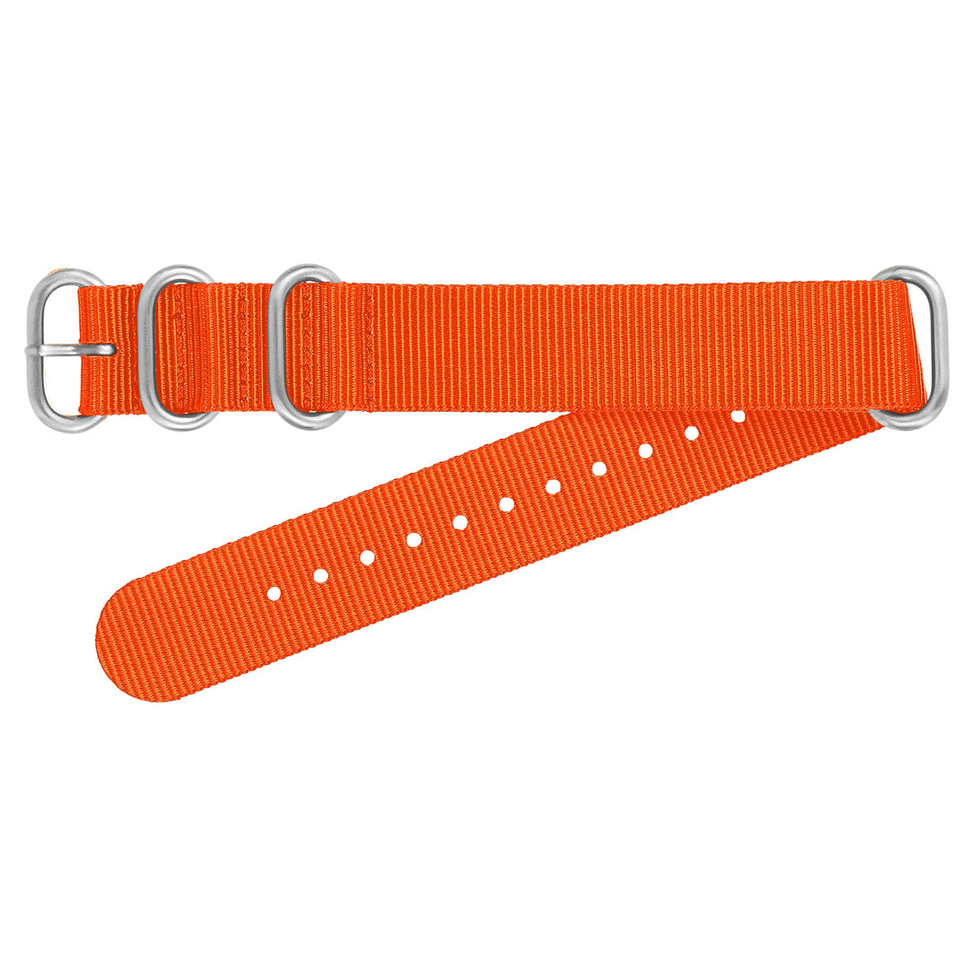 Orange watch strap with silver hardware on a white background #color_orange