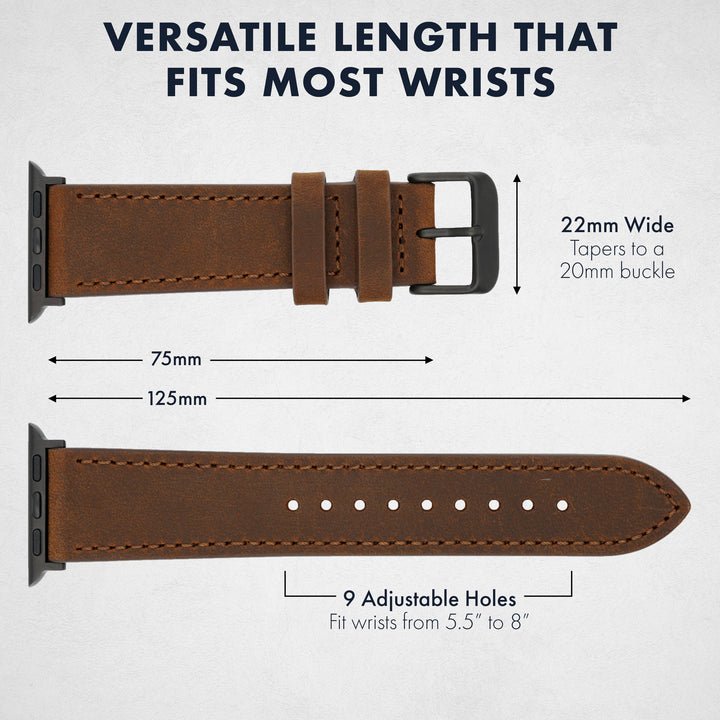 Brown leather watch strap with measurements on a white background #color_dark-brown-pvd