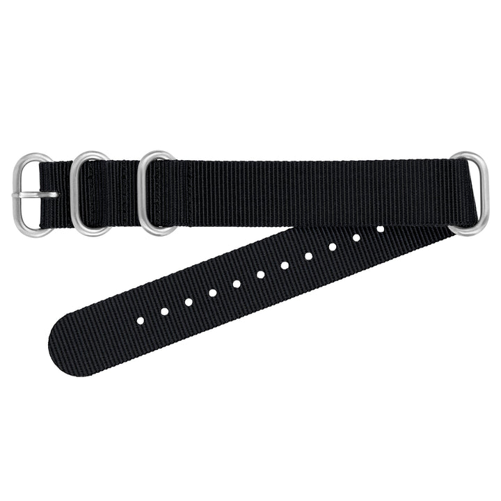 Black watch strap with silver hardware on a white background #color_black