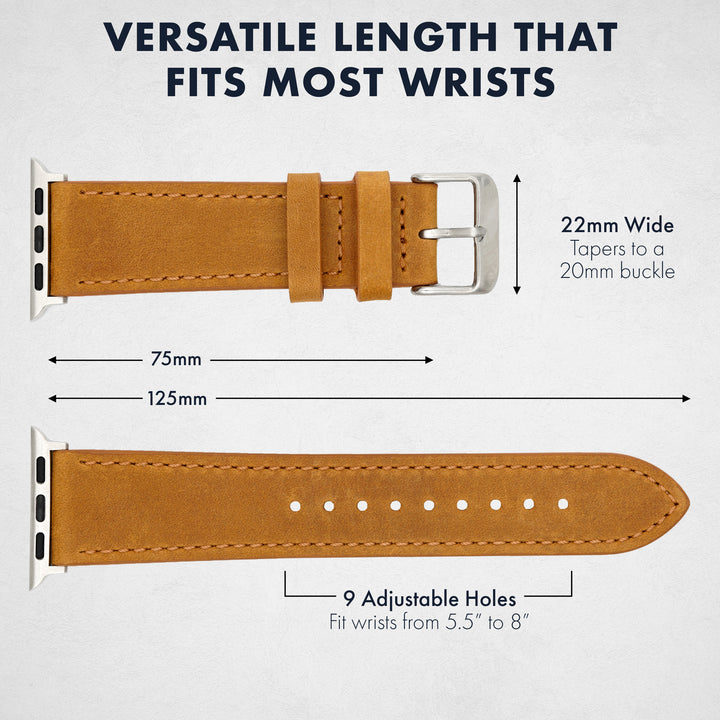 Brown leather watch strap with measurements on a white background #color_sand