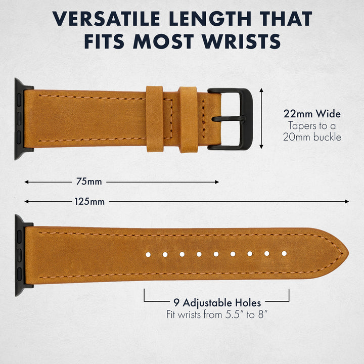 Brown leather watch strap with measurements on a white background #color_sand-pvd