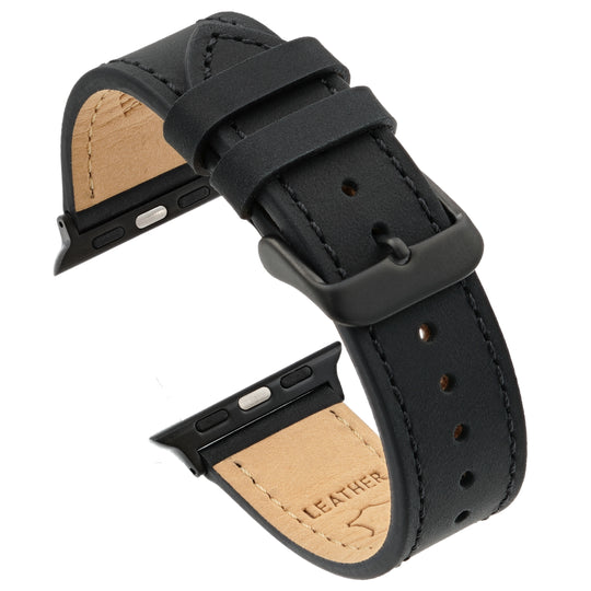 Black Crazy Horse leather Apple Watch band with PVD-coated stainless steel buckle #color_black-pvd
