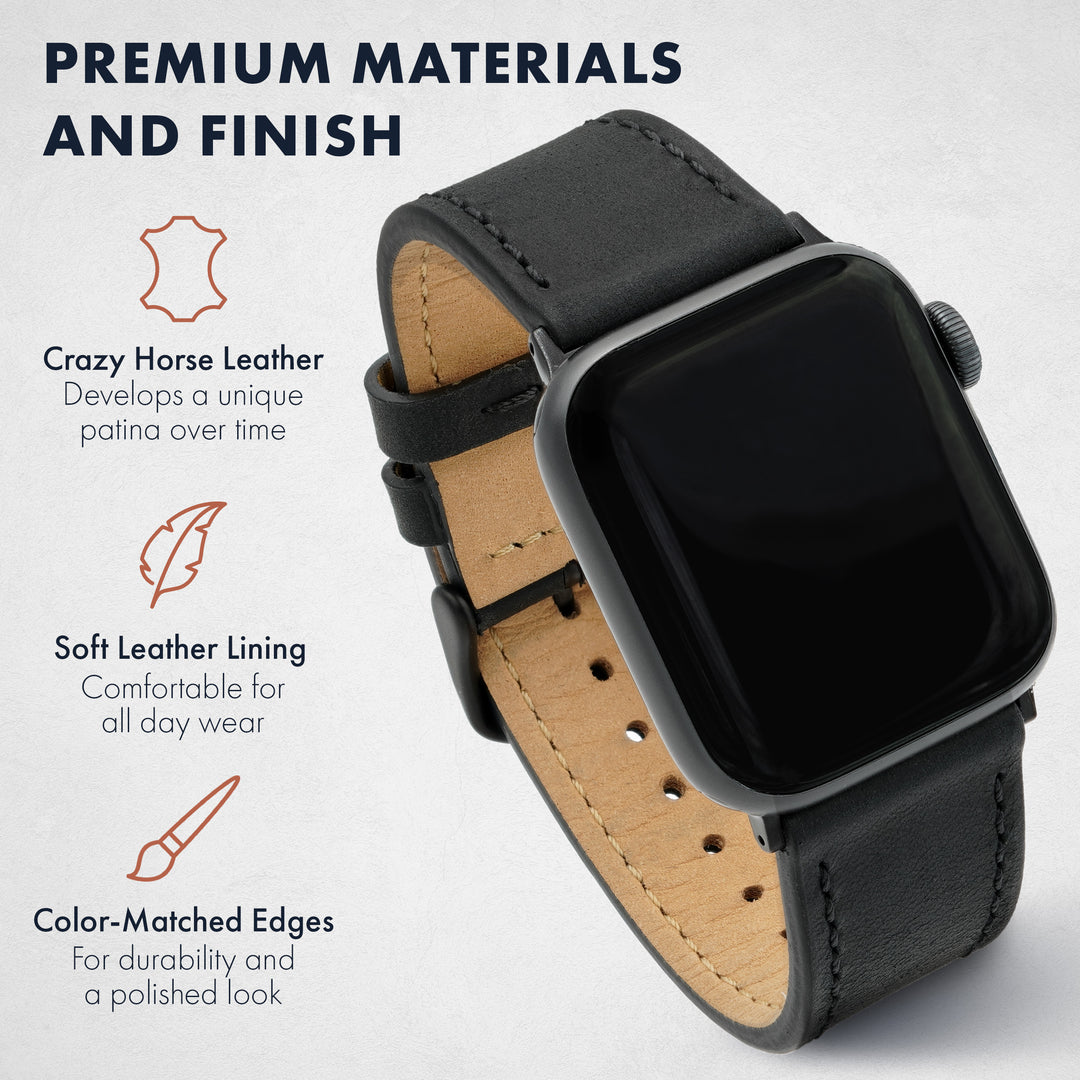 Black and beige leather watch strap with text on premium materials and finishes. #color_black-pvd