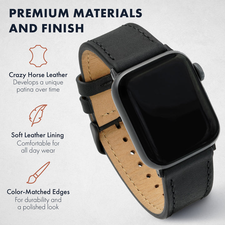 Black and beige leather watch strap with text on premium materials and finishes. #color_black-pvd