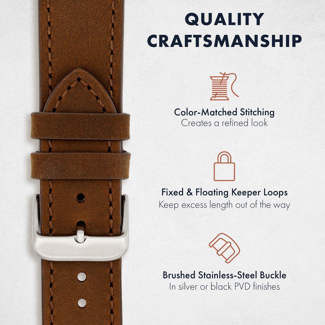 Brown leather watch strap with silver buckle on a white background, highlighting quality craftsmanship. #color_dark-brown