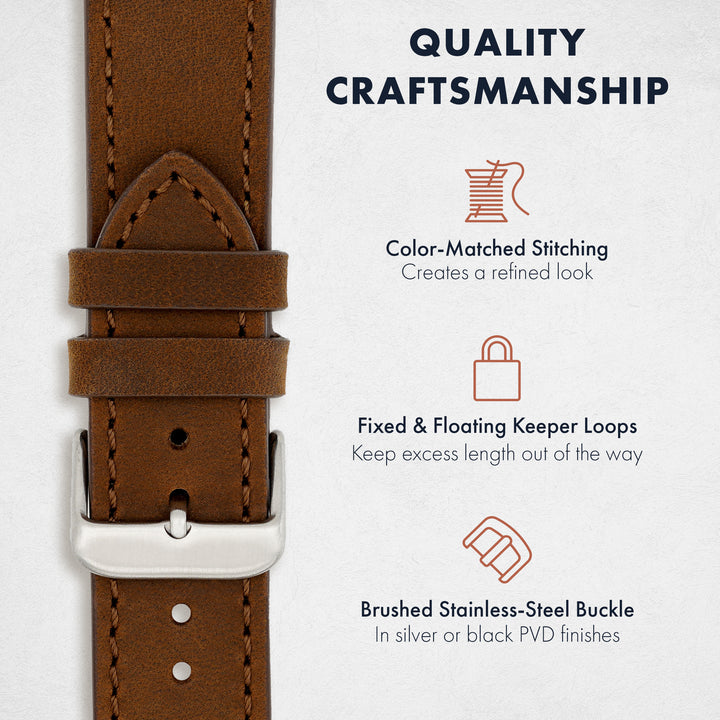 Brown leather watch strap with silver buckle on a white background, highlighting quality craftsmanship. #color_dark-brown
