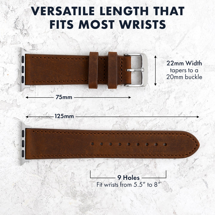 Brown leather watch strap with measurements on a textured white background #color_dark-brown