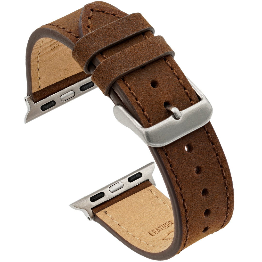 Brown leather watch strap with silver buckle on a white background #color_dark-brown