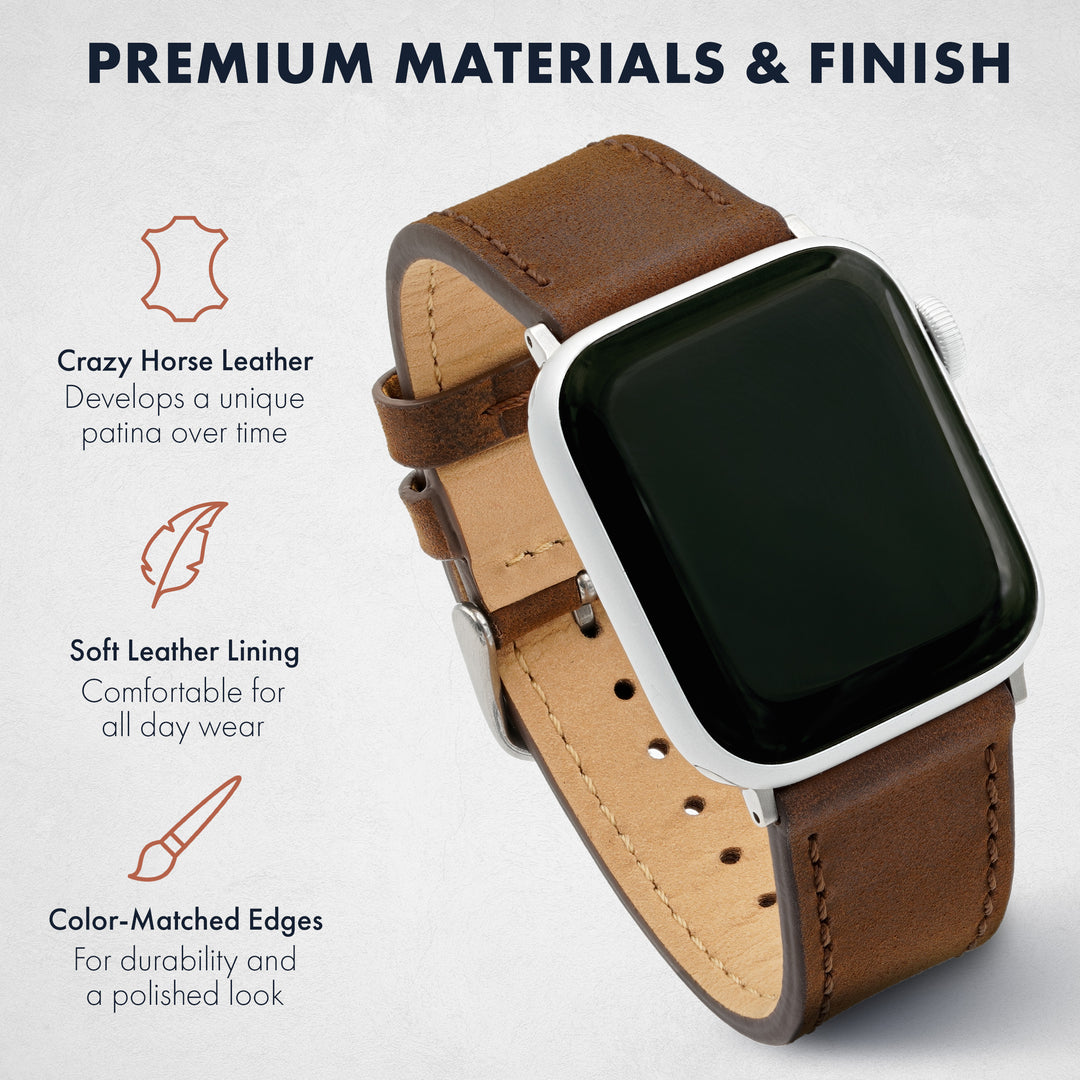 Smartwatch with brown leather strap on a light gray background, highlighting premium materials and finish. #color_dark-brown