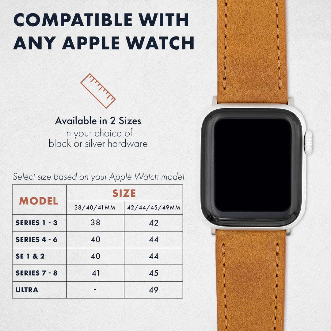 Smartwatch with a brown leather strap on a white background, featuring compatibility information for Apple Watch models. #color_sand