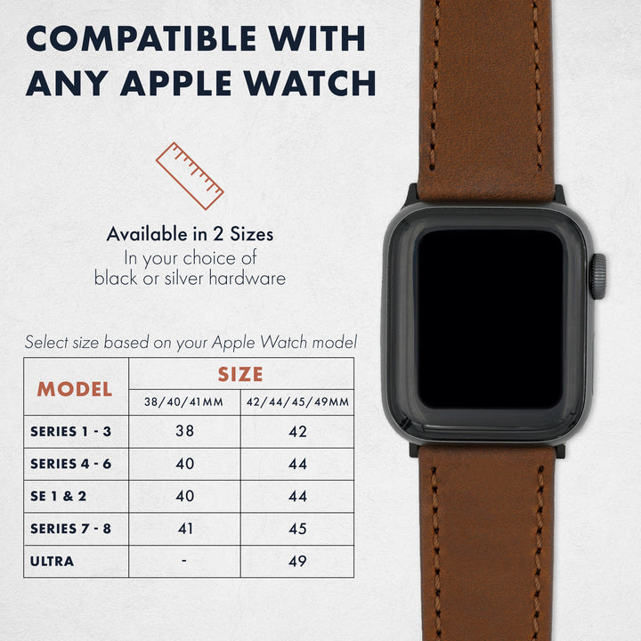 Smartwatch with brown leather strap on a white background, featuring compatibility information for Apple Watch models. #color_dark-brown-pvd
