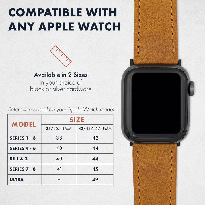 Smartwatch with a brown leather strap on a white background, featuring compatibility information for Apple Watch models. #color_sand-pvd