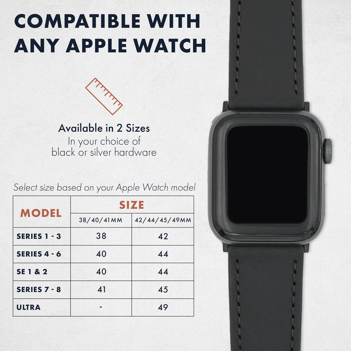 Black Apple Watch band with compatibility chart on a white background #color_black-pvd