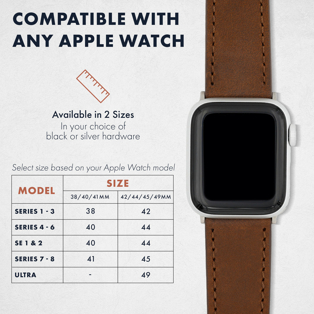 Smartwatch with brown leather strap and compatibility chart for Apple Watch on a white background #color_dark-brown