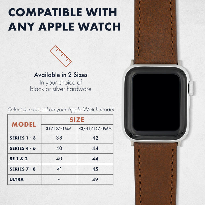 Smartwatch with brown leather strap and compatibility chart for Apple Watch on a white background #color_dark-brown