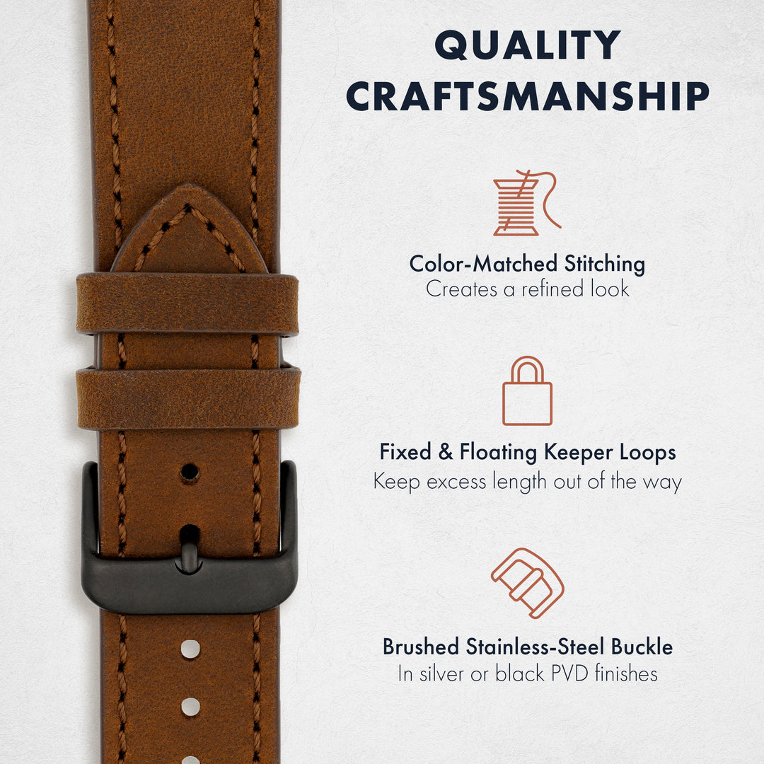 Brown leather watch strap with quality craftsmanship features on a white background #color_dark-brown-pvd