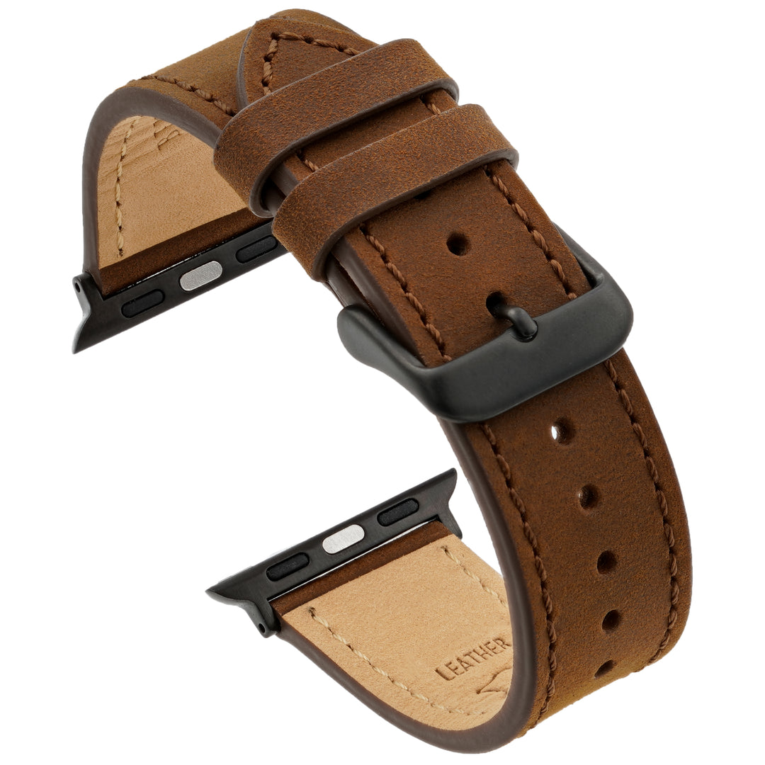 Brown leather watch strap with black hardware on a white background #color_dark-brown-pvd