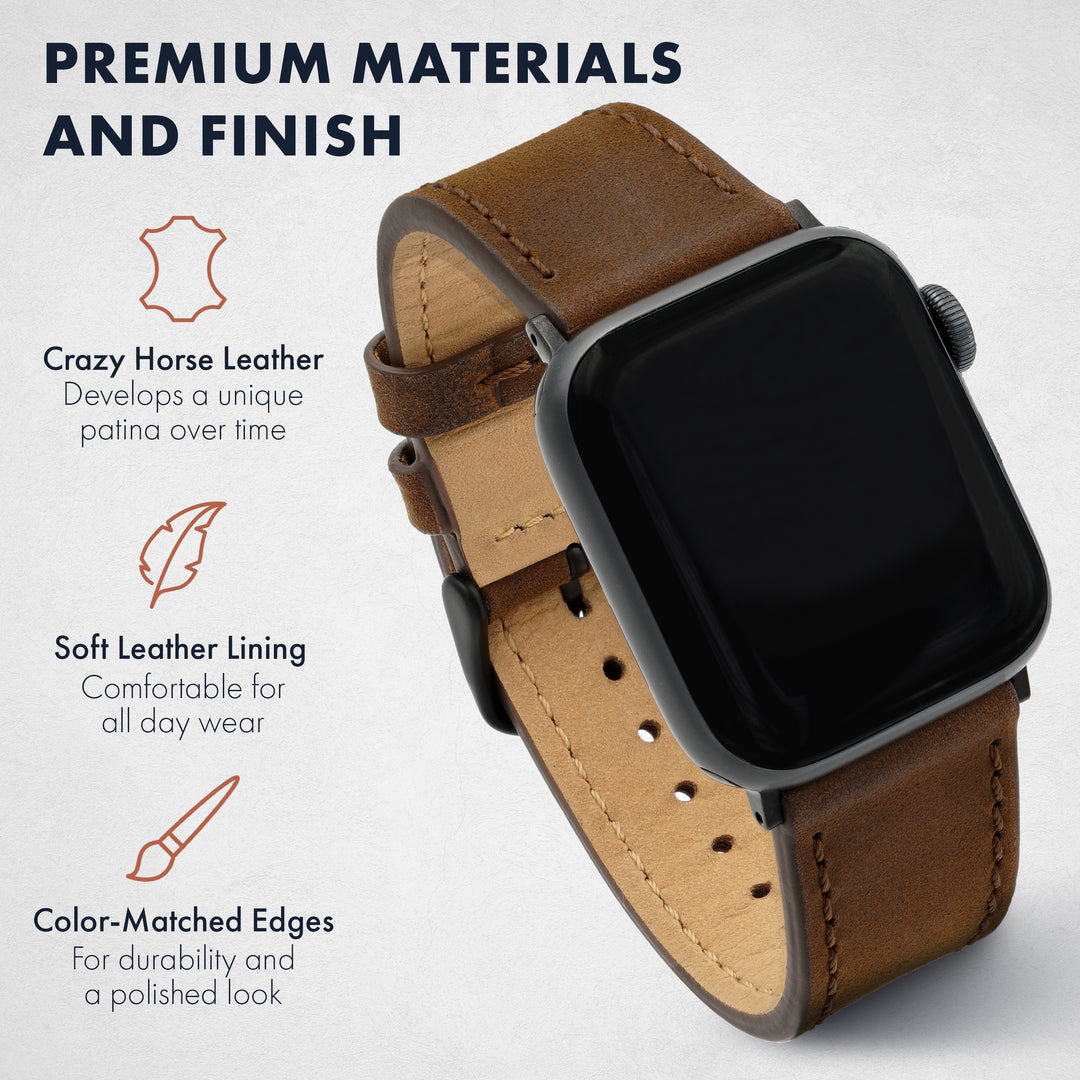 Smartwatch with brown leather strap on a light gray background, highlighting premium materials. #color_dark-brown-pvd