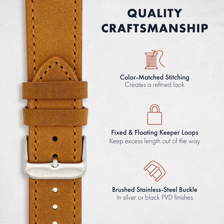 Brown leather watch strap with silver buckle on a white background, highlighting quality craftsmanship. #color_sand