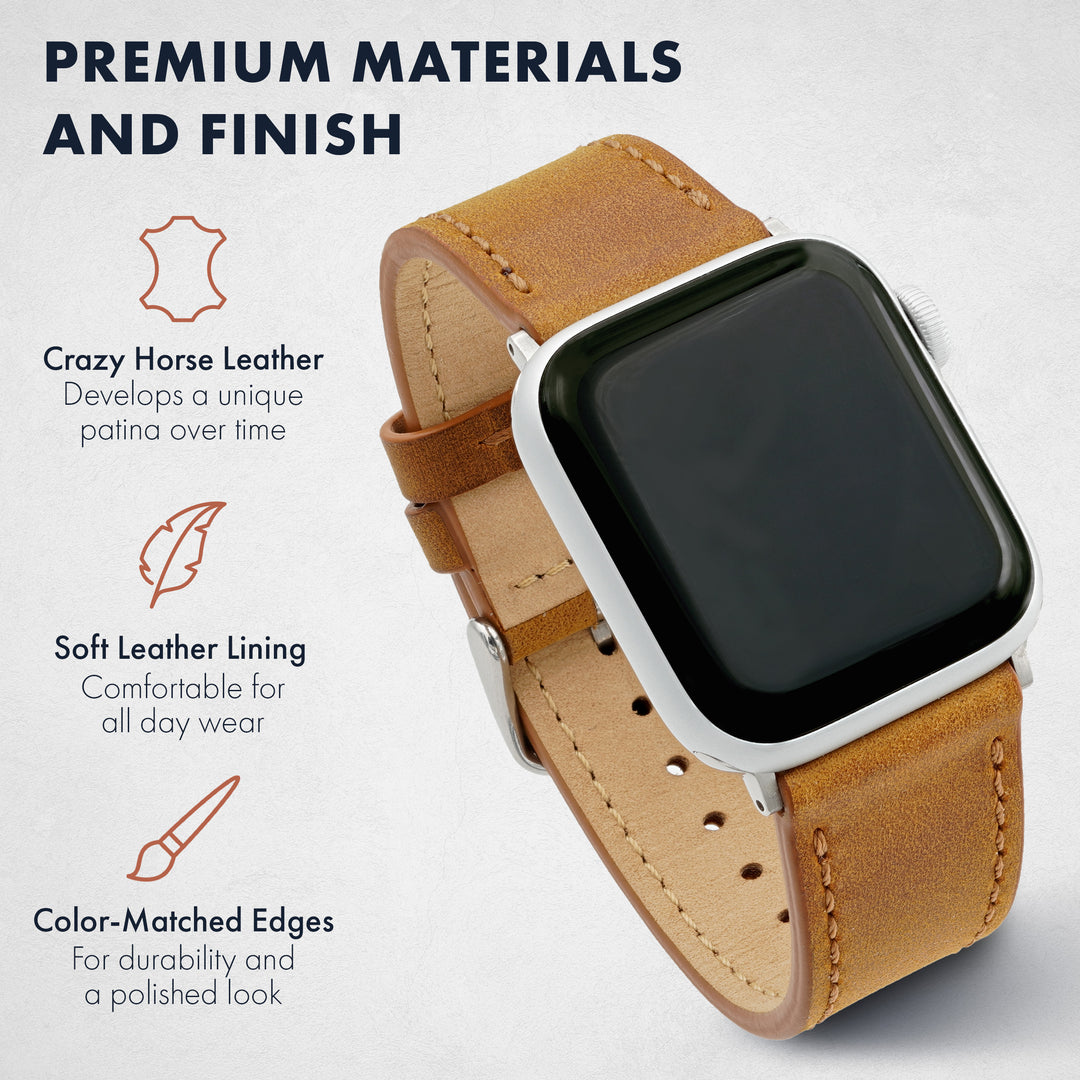 Smartwatch with brown leather strap on a light gray background, featuring text about material qualities. #color_sand