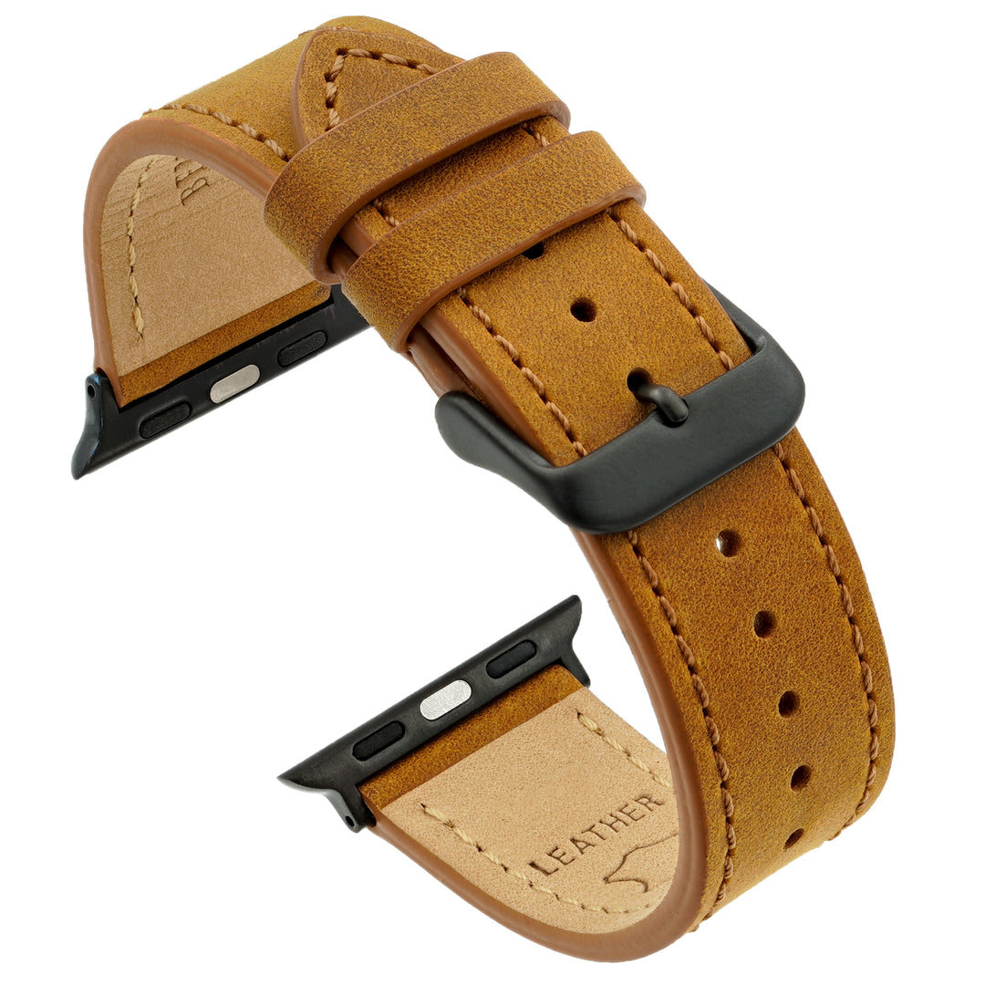 Brown leather watch strap with black hardware on a white background #color_sand-pvd