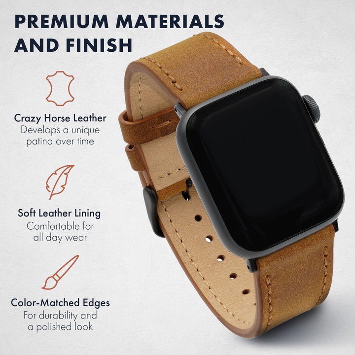 Smartwatch with a brown leather strap on a light gray background, highlighting premium materials. #color_sand-pvd