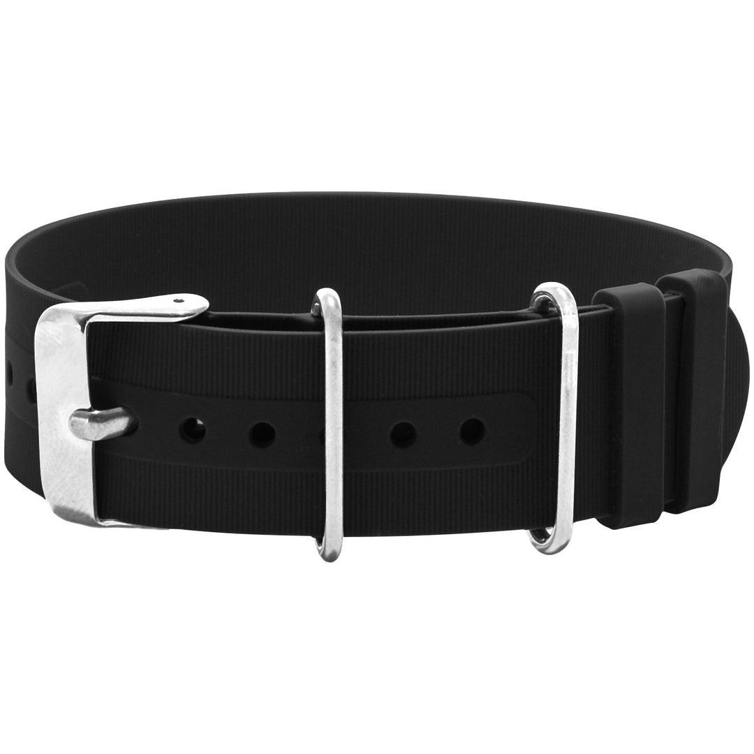 Black silicone watch band with silver buckle on a white background #color_black