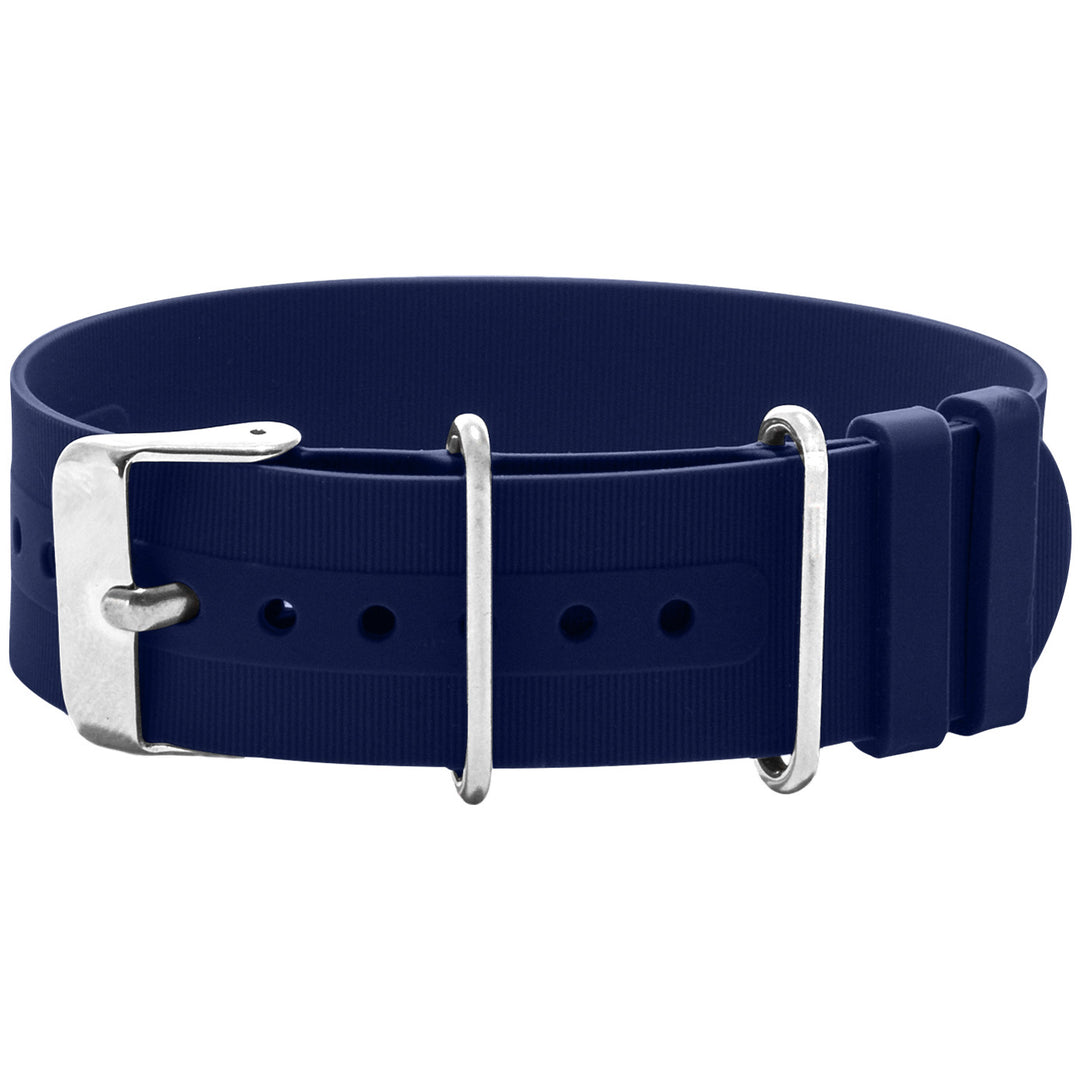 Navy blue watch strap with silver buckle on a white background #color_navy-blue