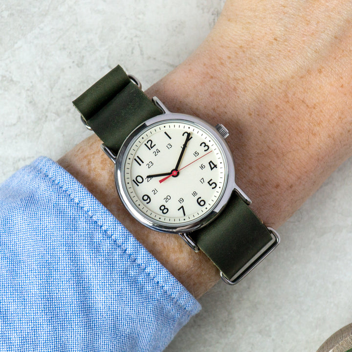 Wrist wearing a watch with a green strap on a light background #color_green
