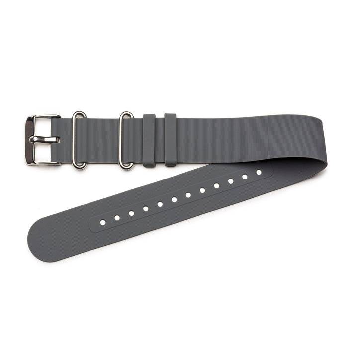 Gray watch strap with silver buckle on a white background #color_grey