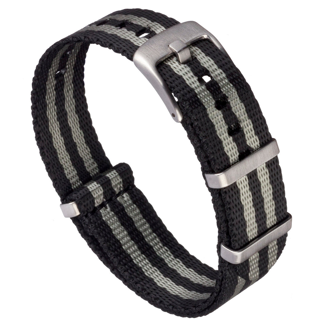 Black and gray striped watch strap with silver buckle on a white background #color_black-and-grey-regimental-striped