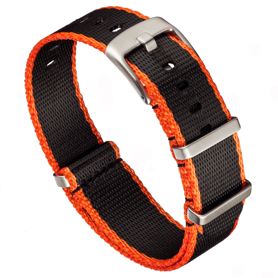 Black and orange watch strap with silver buckle on a white background #color_black-with-orange-edge