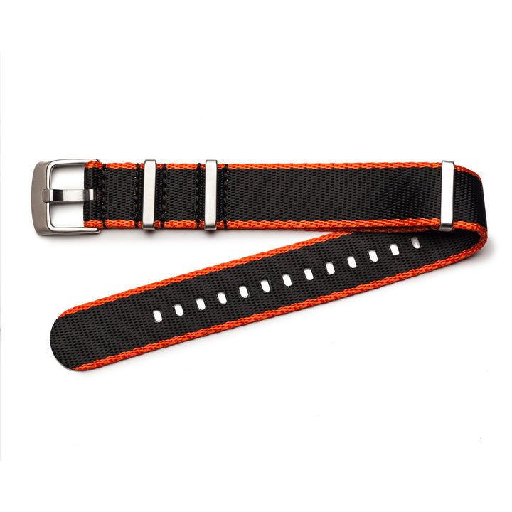 Black and orange watch strap with silver buckle on a white background #color_black-with-orange-edge