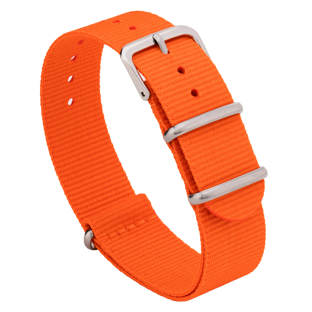 Orange watch strap with silver buckle on a white background #color_orange
