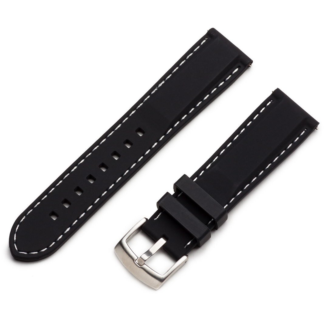 Black watch strap with white stitching and silver buckle on a white  background #color_black-with-white-stitching