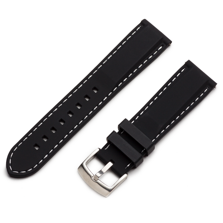Black watch strap with white stitching and silver buckle on a white  background #color_black-with-white-stitching