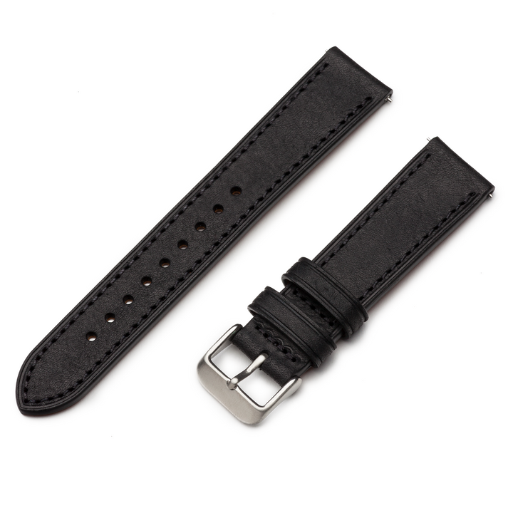Black leather watch strap with silver buckle on a white background #color_black