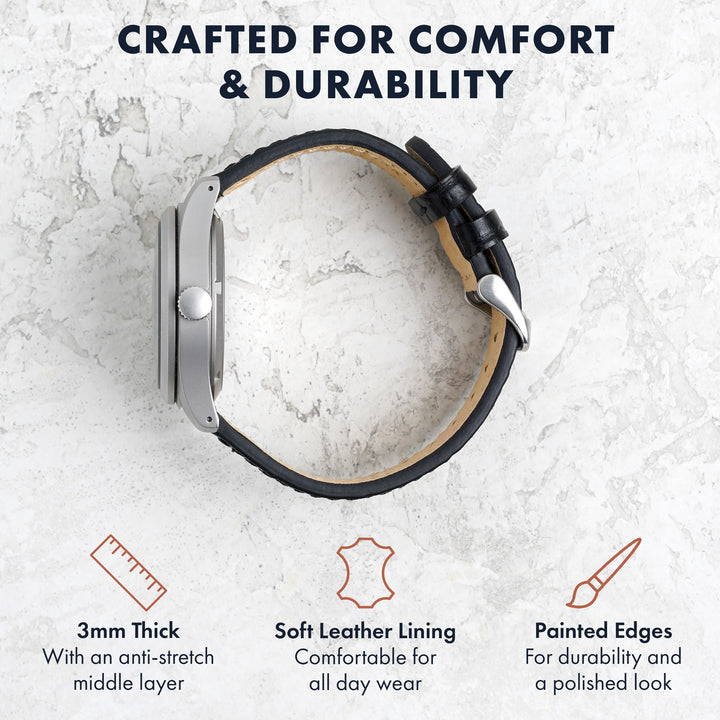 black leather watch band with text highlighting comfort and durability on a light gray background #color_black
