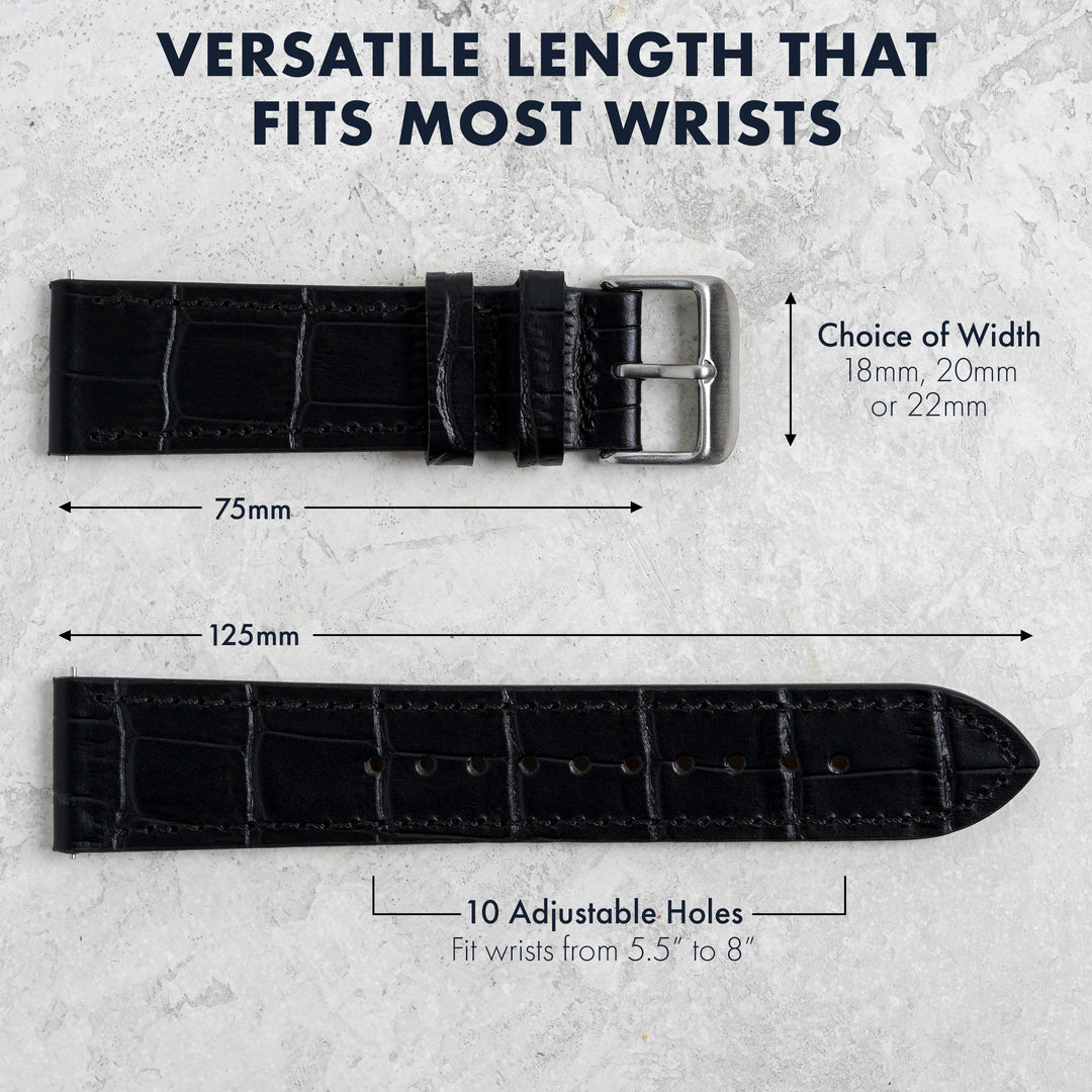 Black watch strap with measurements on a light gray background #color_black