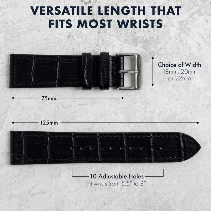 Black watch strap with measurements on a light gray background #color_black
