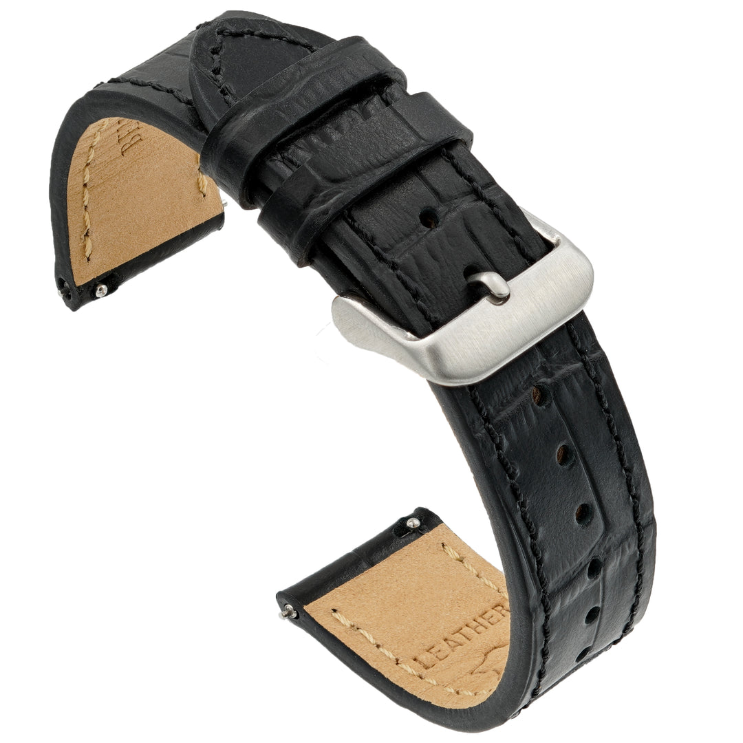 Black leather watch strap with silver buckle on a white background #color_black