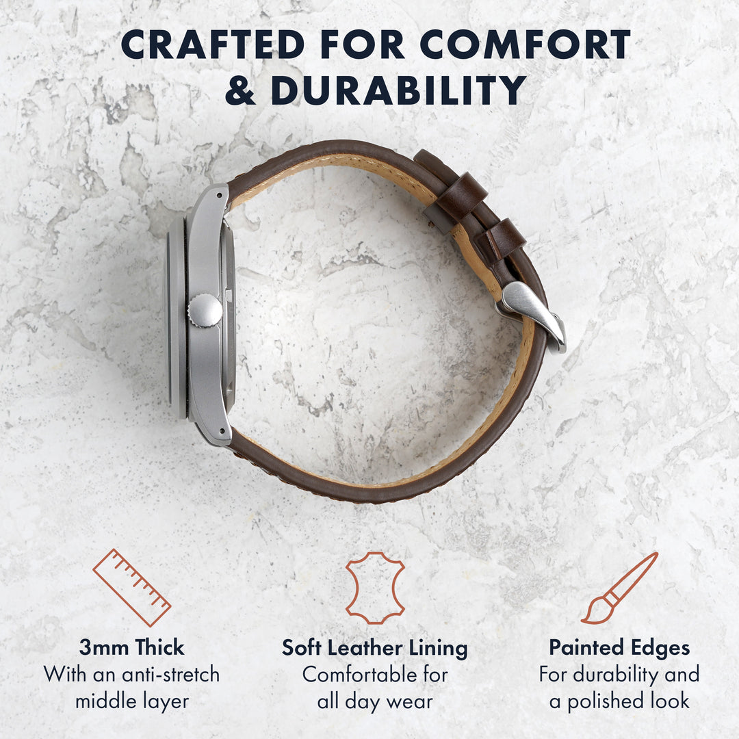 Wristband with brown leather strap and metal buckle on a textured white background, featuring text about comfort and durability. #color_dark-brown
