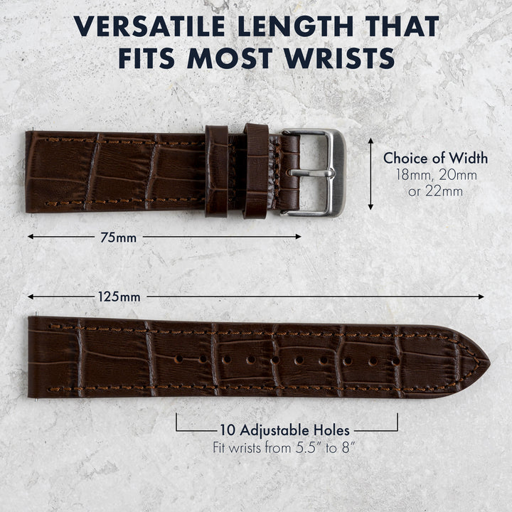 Brown watch strap with measurements on a light gray background #color_dark-brown