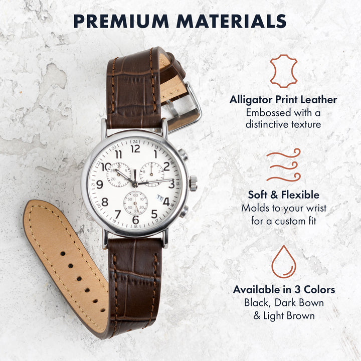 Watch with brown leather strap on a textured white background, highlighting premium materials. #color_dark-brown